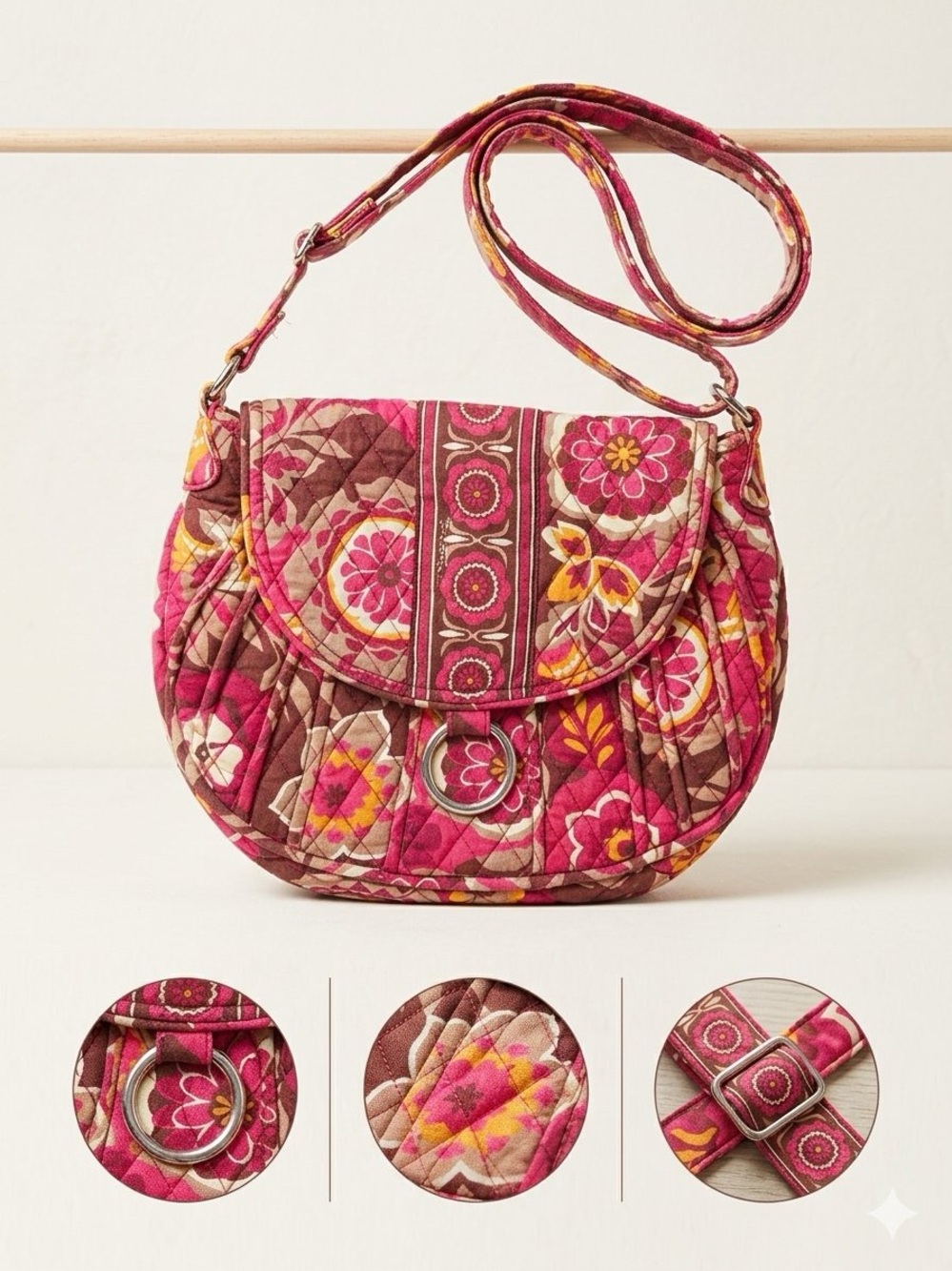 Vera Bradley Carnaby Saddle Up Crossbody Bag Quilted Floral Pink Burgundy